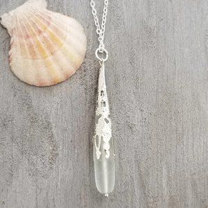 Unique Long Teardrop Seafoam Sea Glass Necklace Women Jewelry Gift